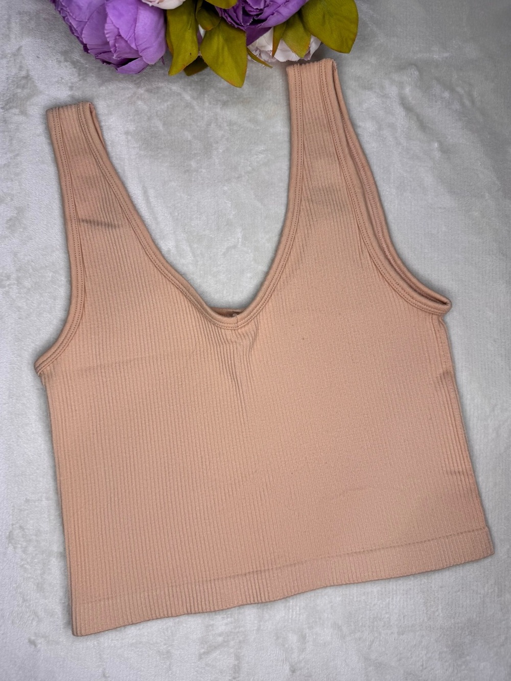 NEW Boutique Beige Ribbed V-Neck Cropped Tank Top